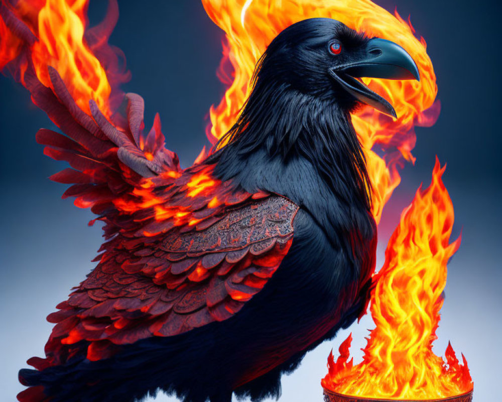 Digitally-modified raven with fiery wings and tail next to flaming bowl on blue background