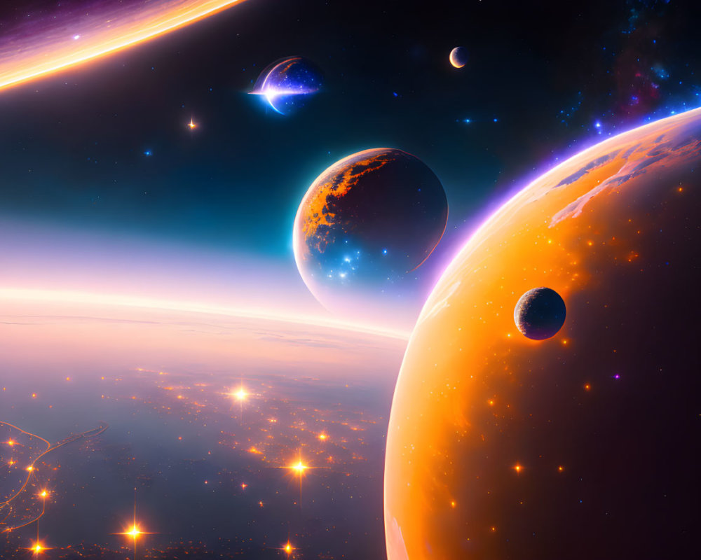 Colorful cosmic scene with planets, orange hues, stars, and nebula.