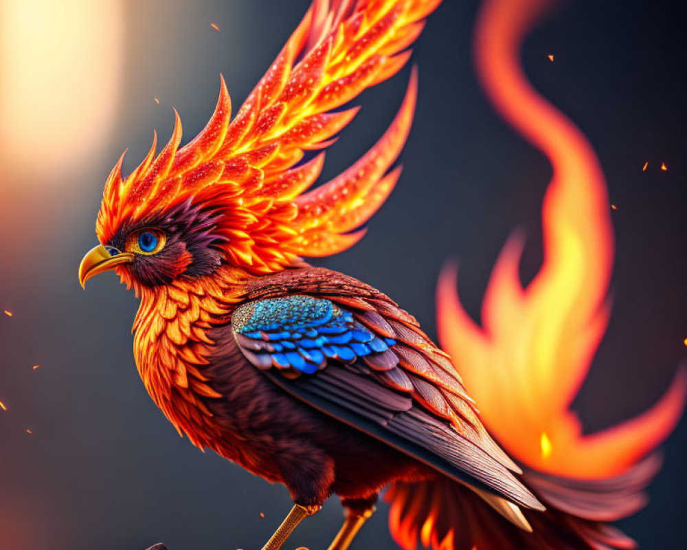 Majestic fiery phoenix with orange plumage and blue tail feathers