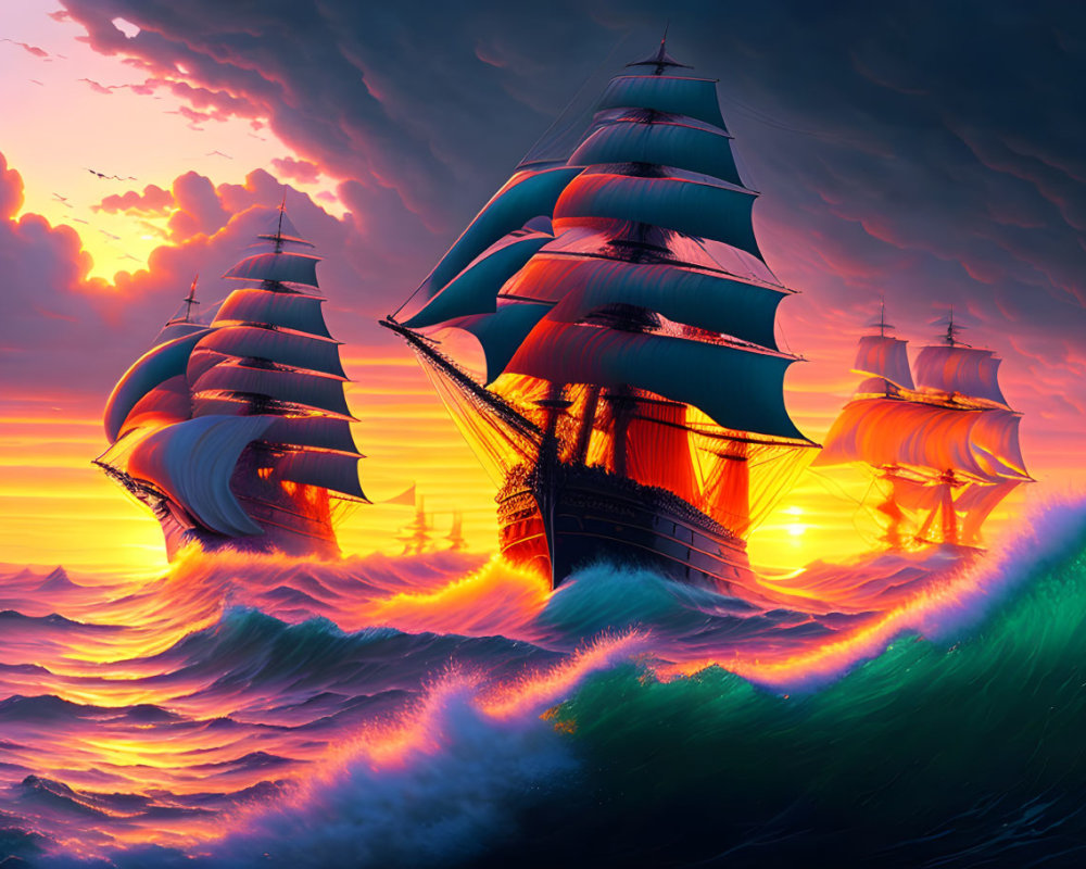 Artistic depiction of tall ships sailing on fiery sunset seas with dynamic waves and dramatic sky