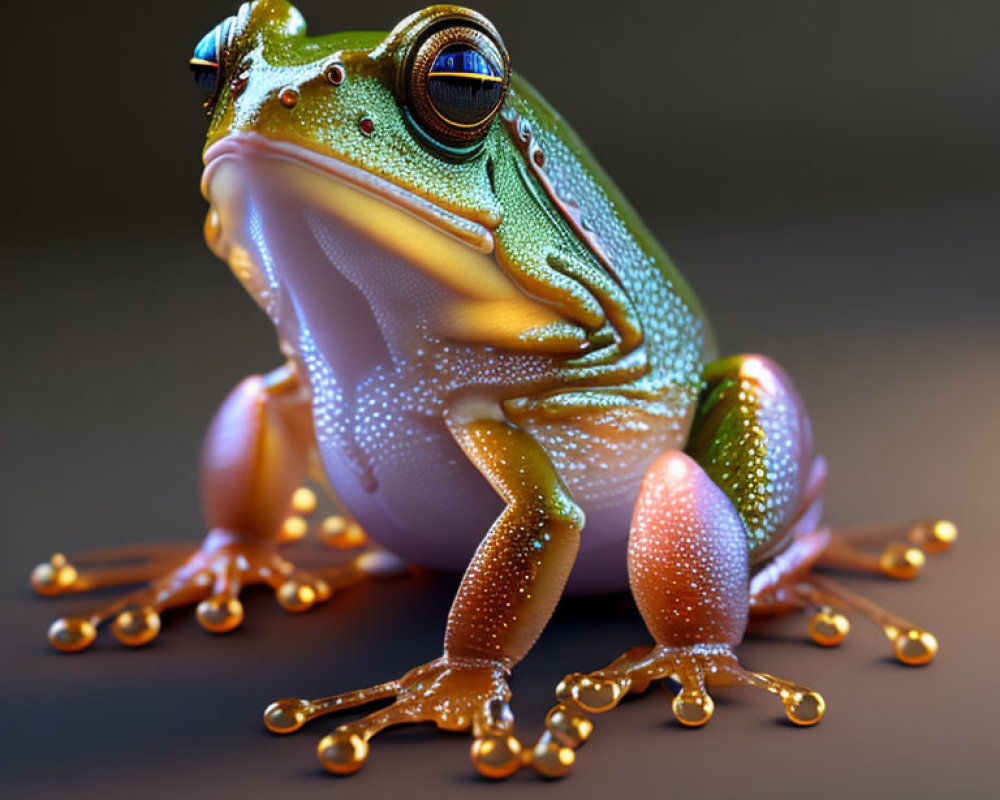 Vibrant digitally rendered frog with textured skin and pronounced eyes against dark background