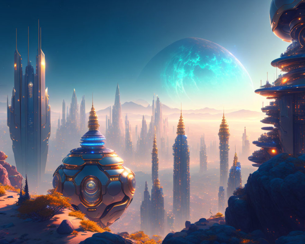 Futuristic cityscape with towering spires and floating structures