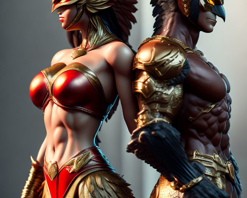 Elaborate Bird-Themed Male and Female Figures in Metallic Armor