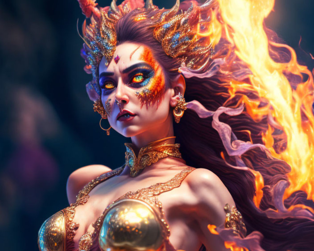 Fantasy character with gold attire, fiery hair, horns, fierce expression