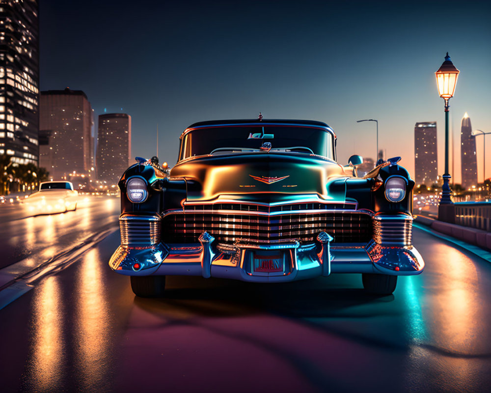 Vintage car illuminated on city street at dusk with gleaming chrome details and blurred city lights.