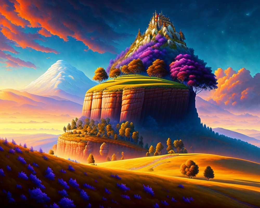 Vibrant colorful plateau with castle under pink and orange sky