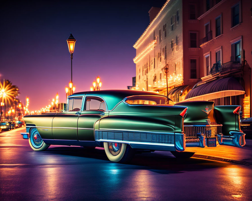 Classic Green Car Parked on Street at Dusk with Illuminated Cityscape