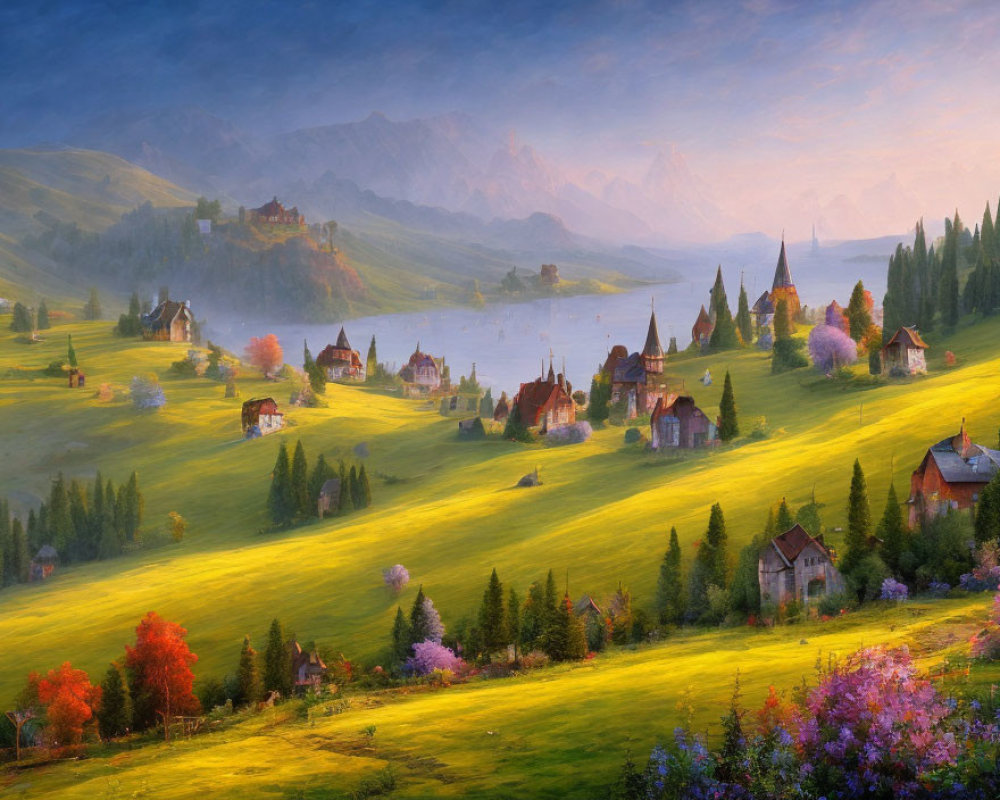 Tranquil lake, vibrant flora, rolling hills, quaint houses, distant castles under soft sky