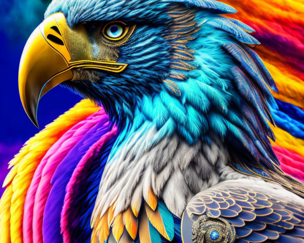 Colorful digital artwork: Eagle with blue plumage on dynamic background