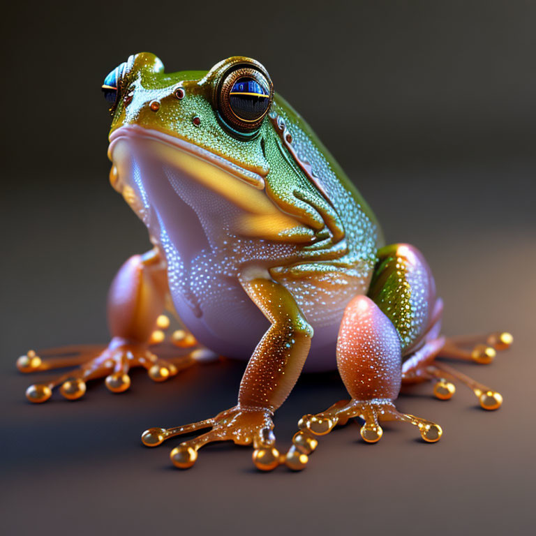 Vibrant digitally rendered frog with textured skin and pronounced eyes against dark background