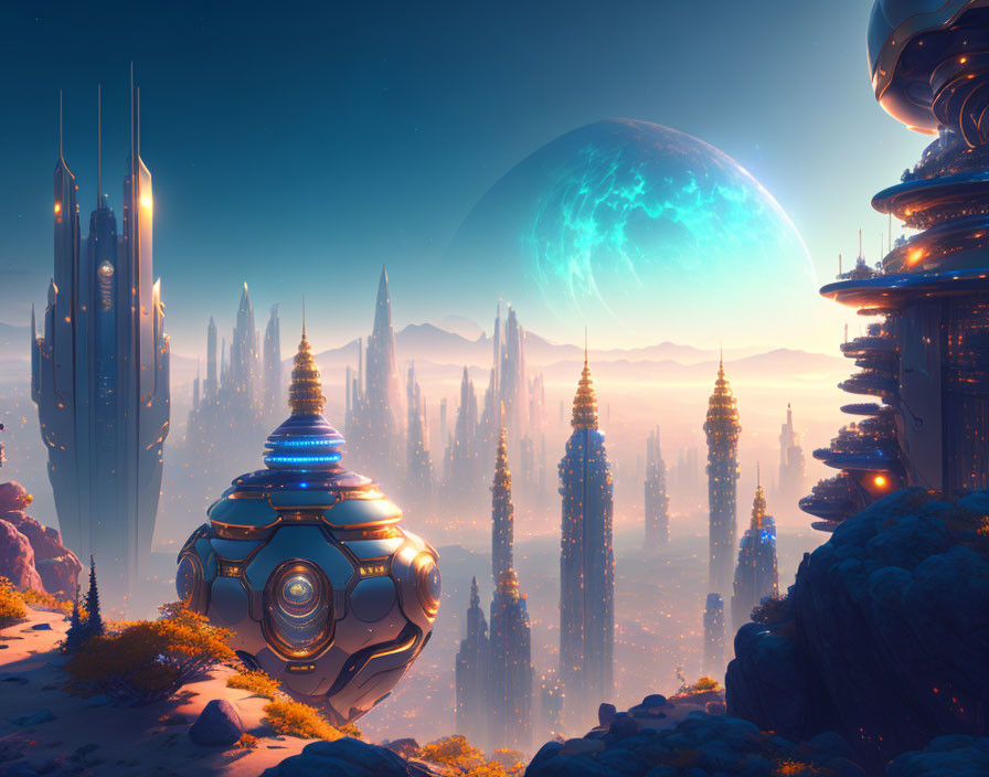 Futuristic cityscape with towering spires and floating structures