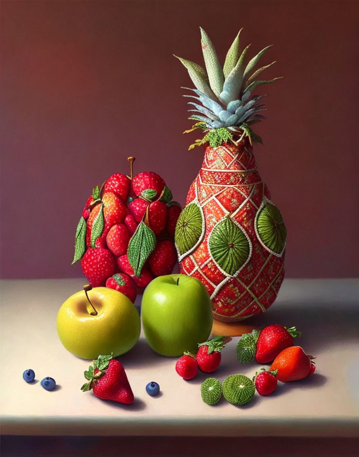 Colorful Fruit Still Life with Pineapple, Strawberries, Apples, and Blueberries