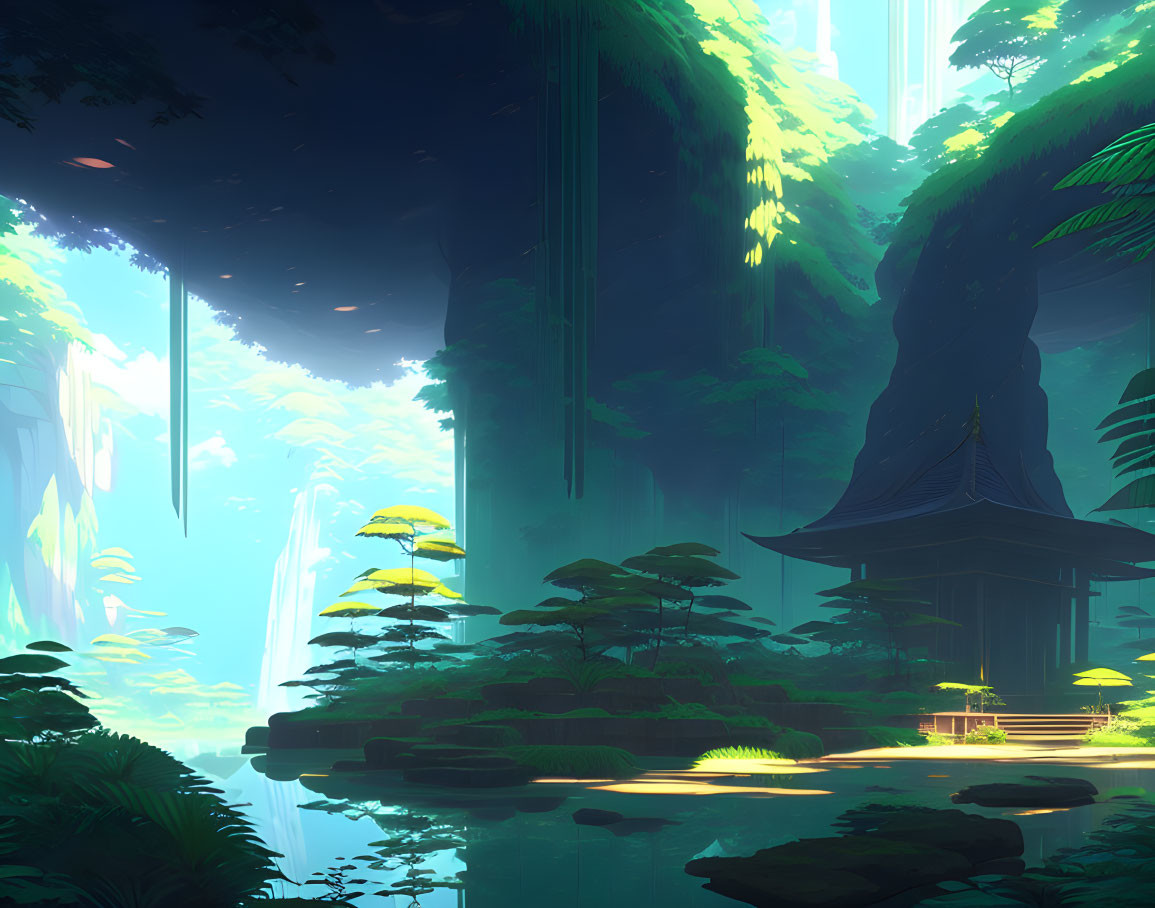 Tranquil forest scene with pond and pagoda in digital art