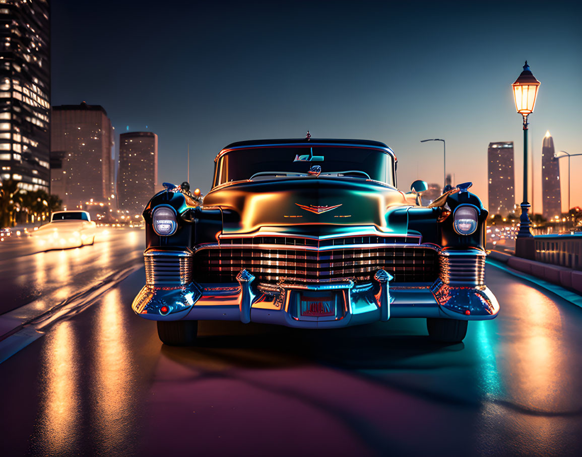 Vintage car illuminated on city street at dusk with gleaming chrome details and blurred city lights.