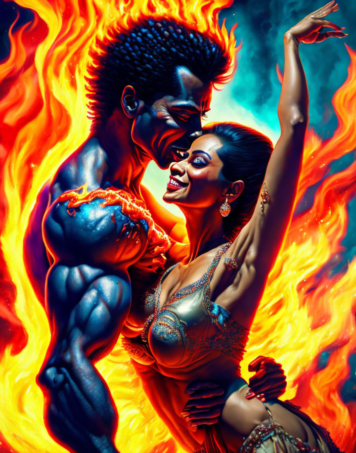 Illustration of man and woman embodying fire elements in dynamic pose