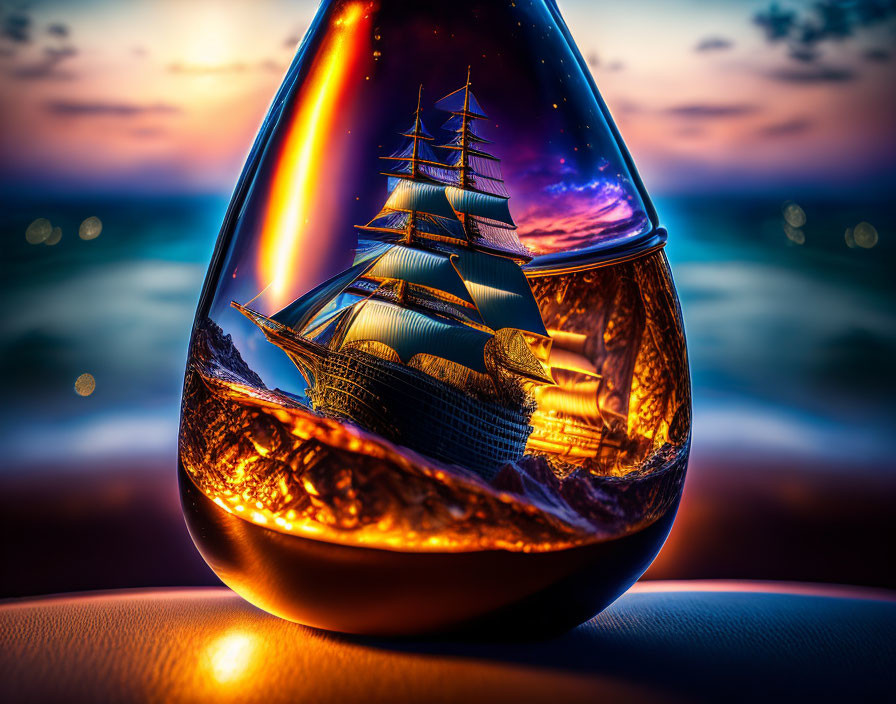 Glass-encased sailing ship with fiery and starry elements in sunset scene