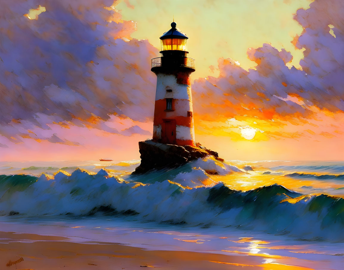 Scenic lighthouse on rocky outcrop at sunset