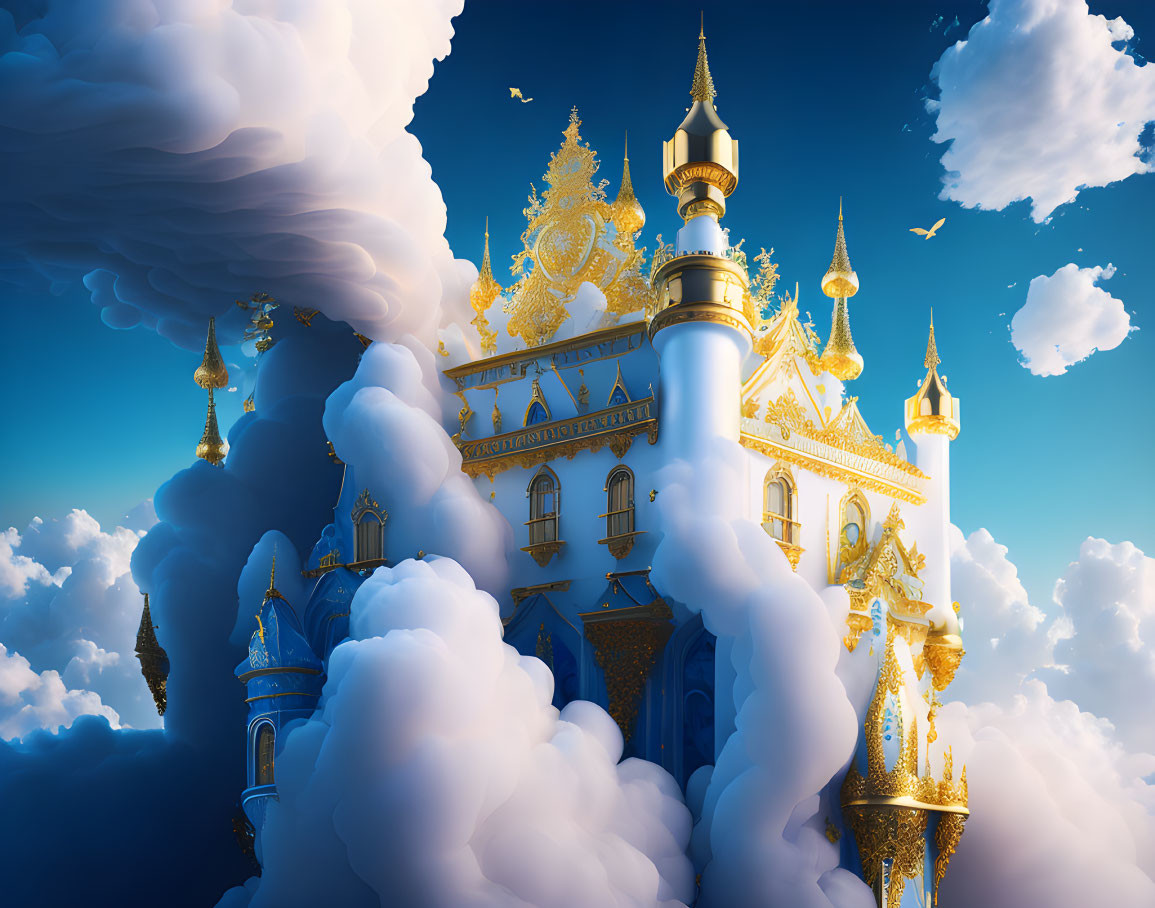 Golden and Blue Castle Floating in Clear Blue Sky