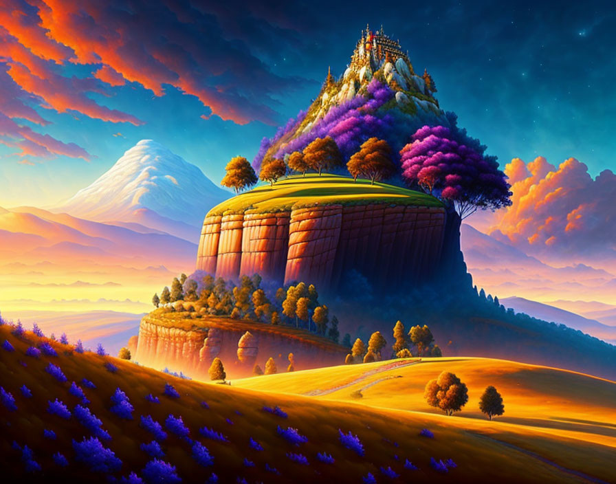 Vibrant colorful plateau with castle under pink and orange sky