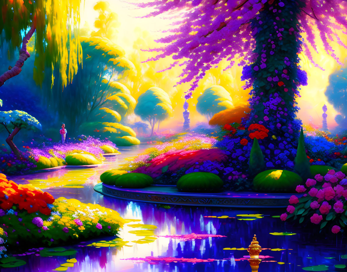 Surreal landscape with reflective river, colorful flora, purple and golden sky, small figure