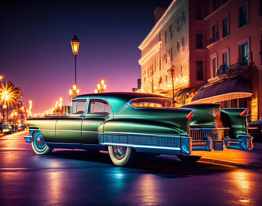 Classic Green Car Parked on Street at Dusk with Illuminated Cityscape