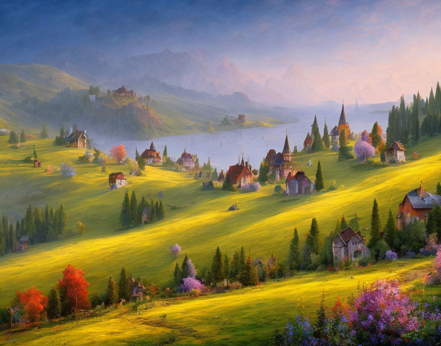 Tranquil lake, vibrant flora, rolling hills, quaint houses, distant castles under soft sky