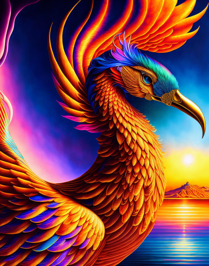 Mythical Phoenix Illustration with Fiery Feathers at Sunset