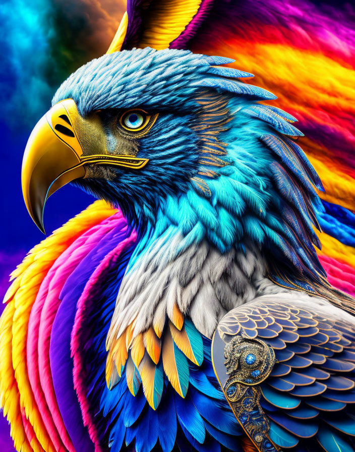 Colorful digital artwork: Eagle with blue plumage on dynamic background