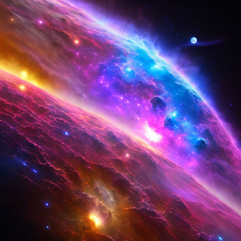 Colorful cosmic scene with nebulas, star clusters, and distant planet.