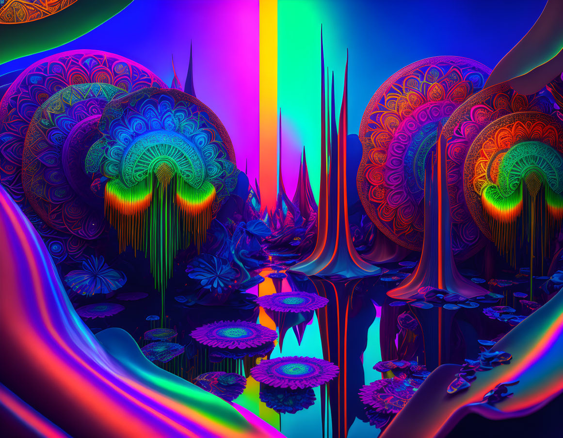 Colorful psychedelic landscape with neon lights and organic shapes