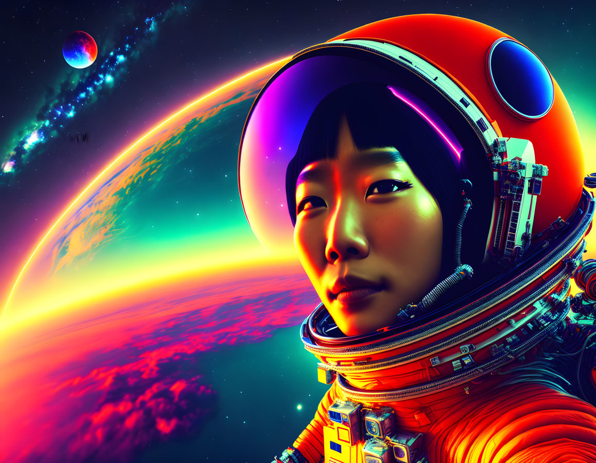 Colorful space scene featuring astronaut with reflective helmet visor