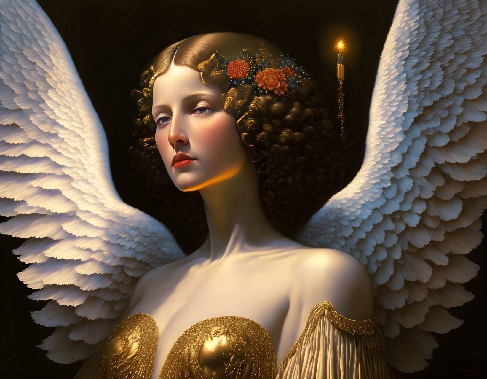 Woman with Angel Wings and Golden Details Beside Glowing Candle