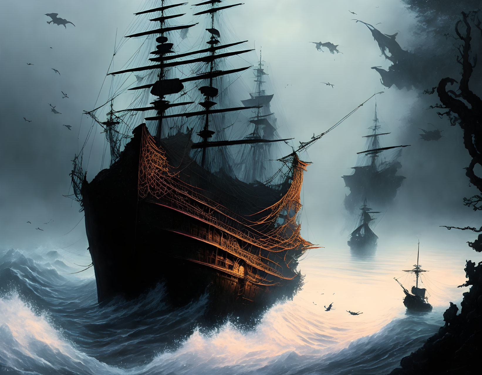 Ghostly pirate ships on misty sea with cliffs & birds