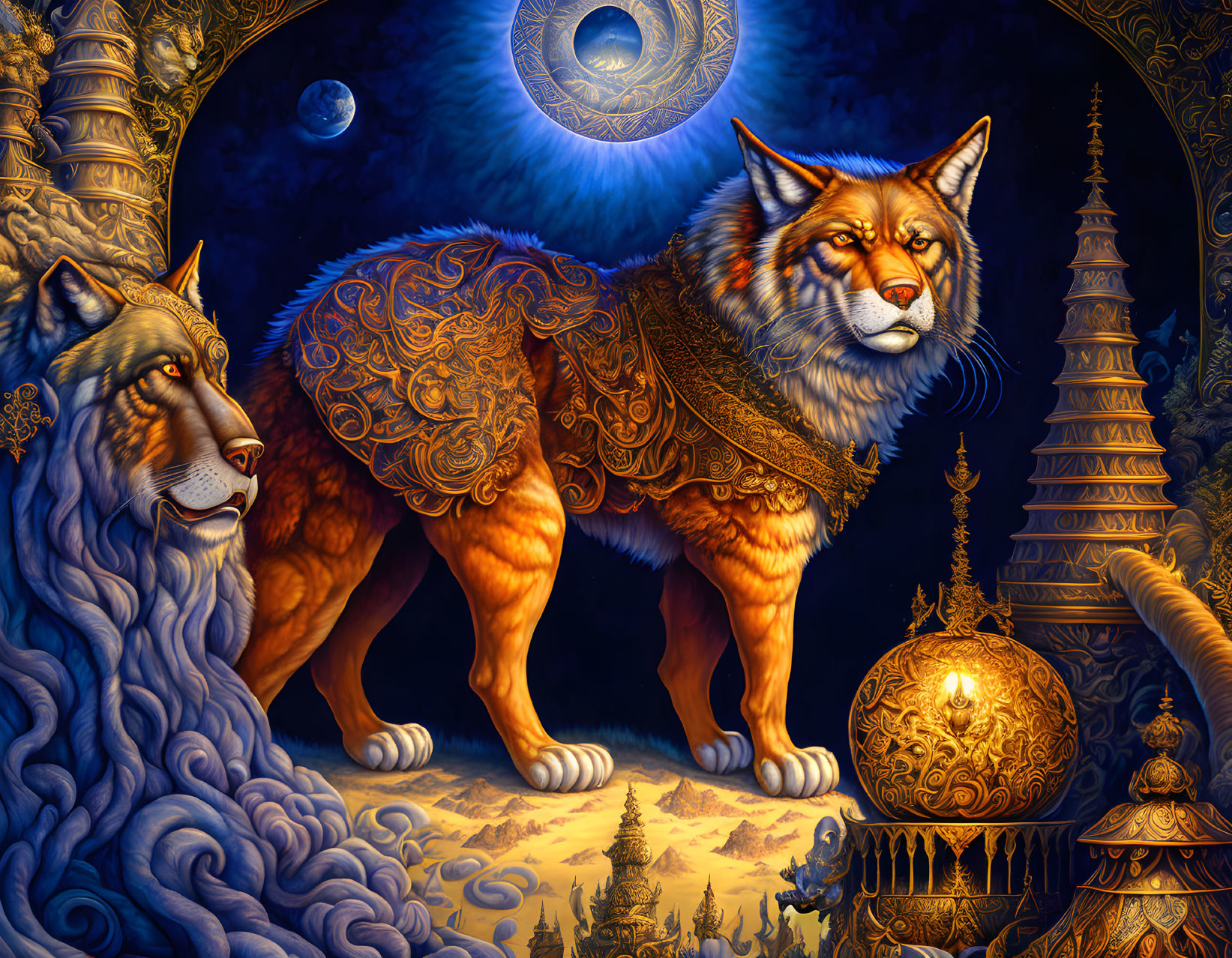 Majestic wolf in golden armor on mystical celestial backdrop