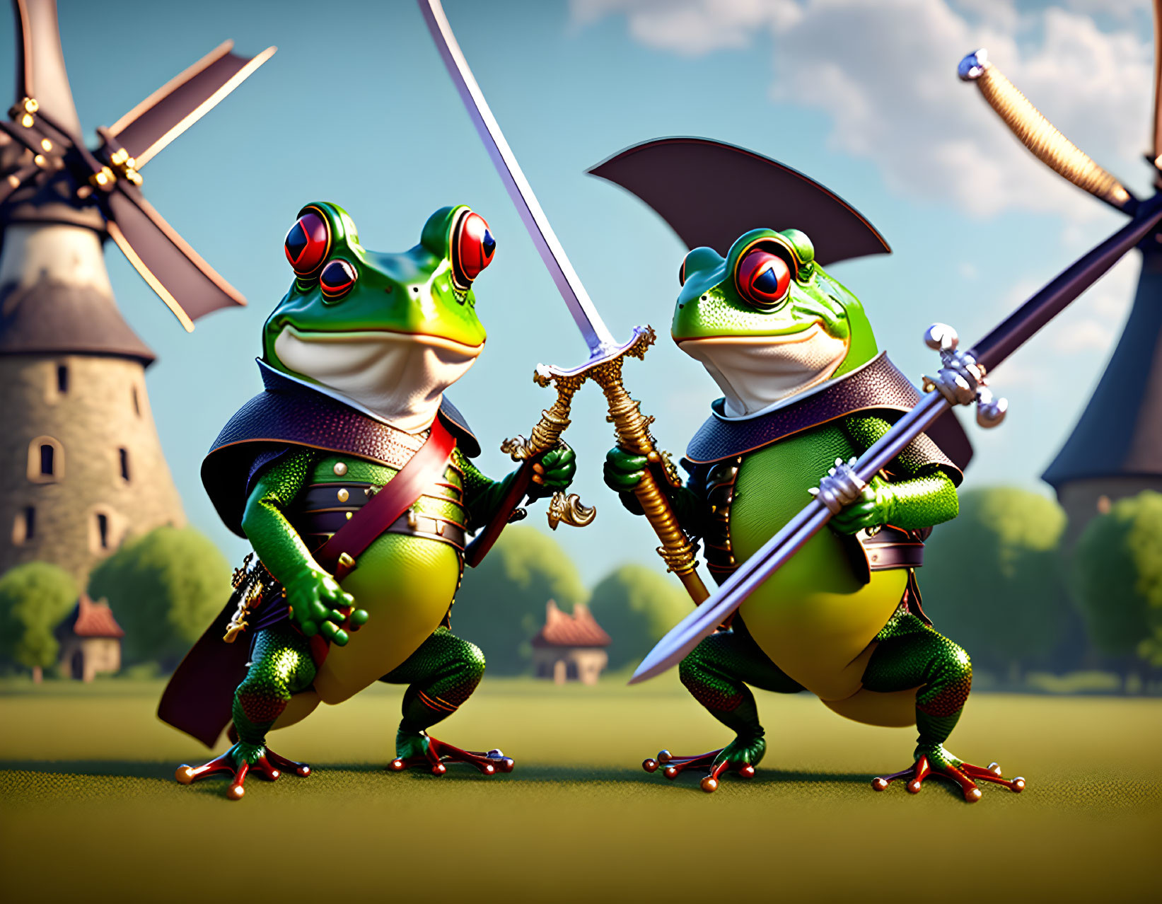 Animated frogs duel as medieval knights near windmill