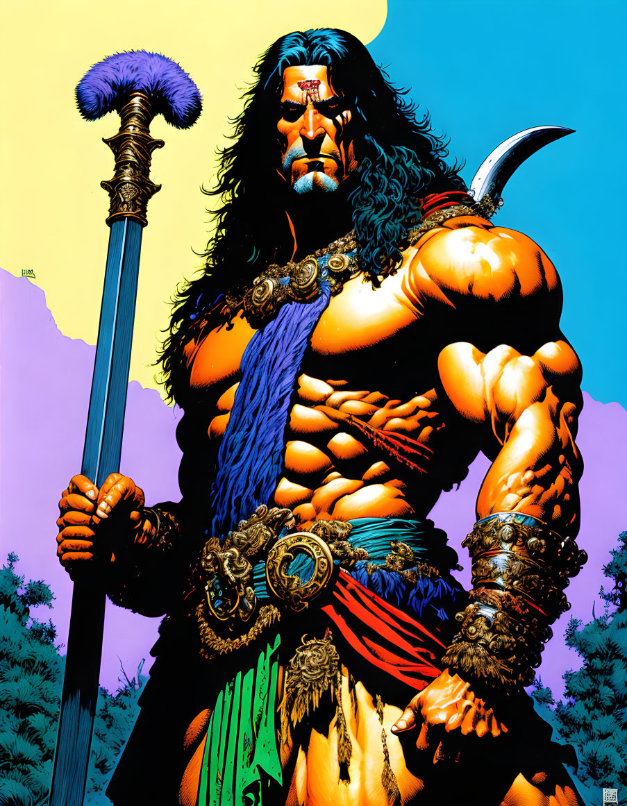 Muscular warrior with long dark hair and large sword in loincloth, arm bands, and skull