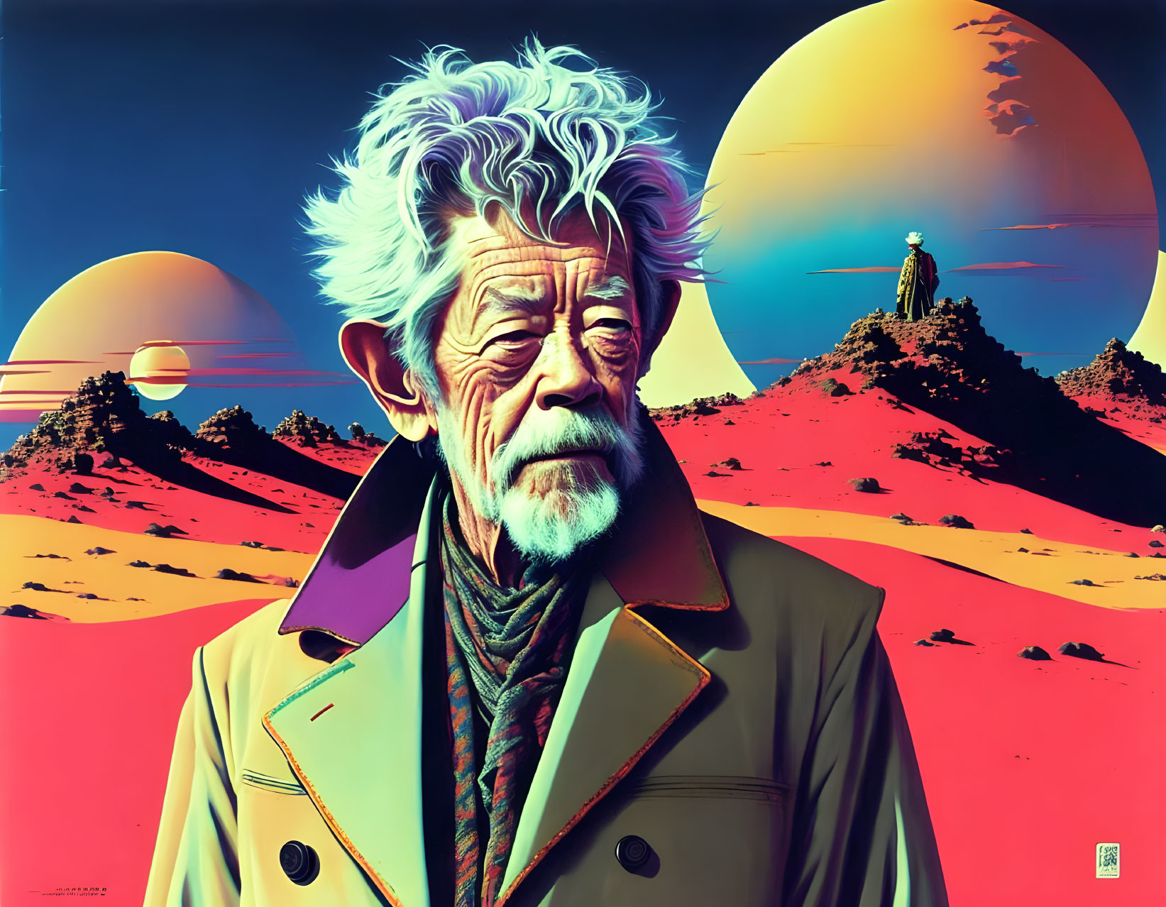 Colorful illustration of older man in trench coat against surreal landscape