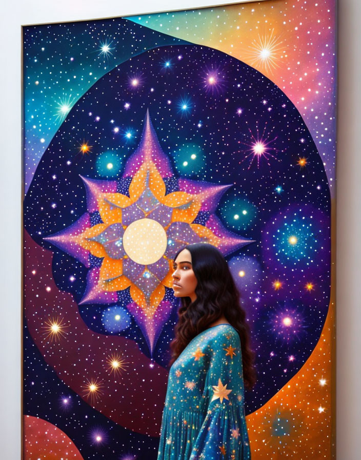 Woman in Star-Patterned Outfit Beside Cosmic-Themed Painting