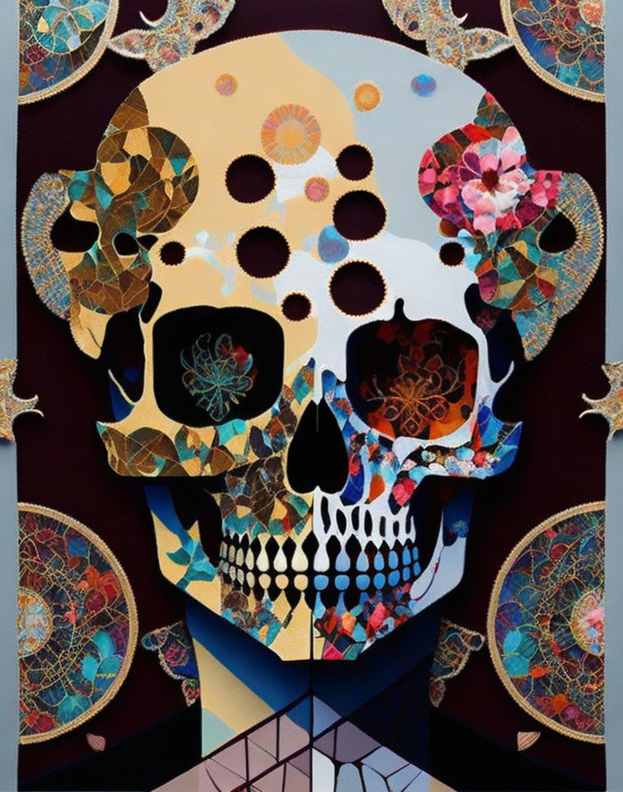 Colorful Mosaic Style Skull with Patterns and Flowers on Dark Background