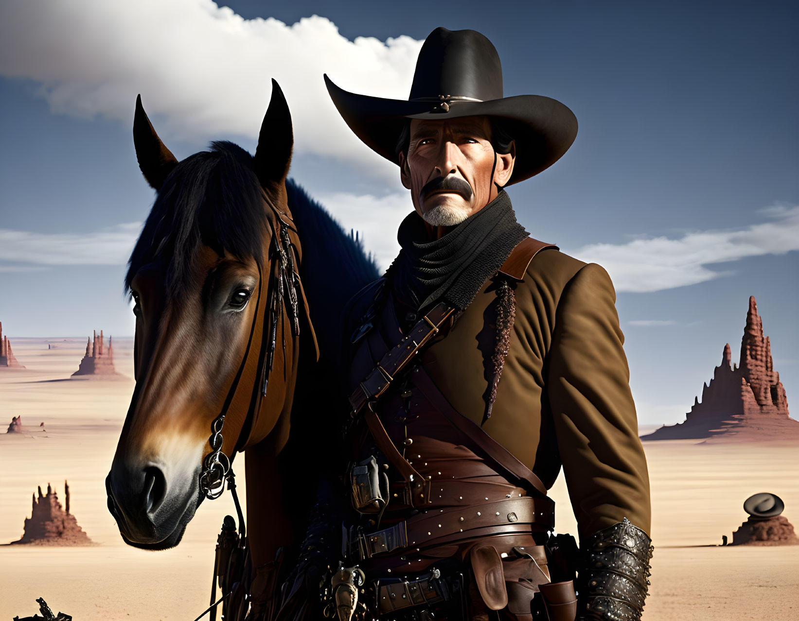 Cowboy with mustache next to horse in desert with rocky formations