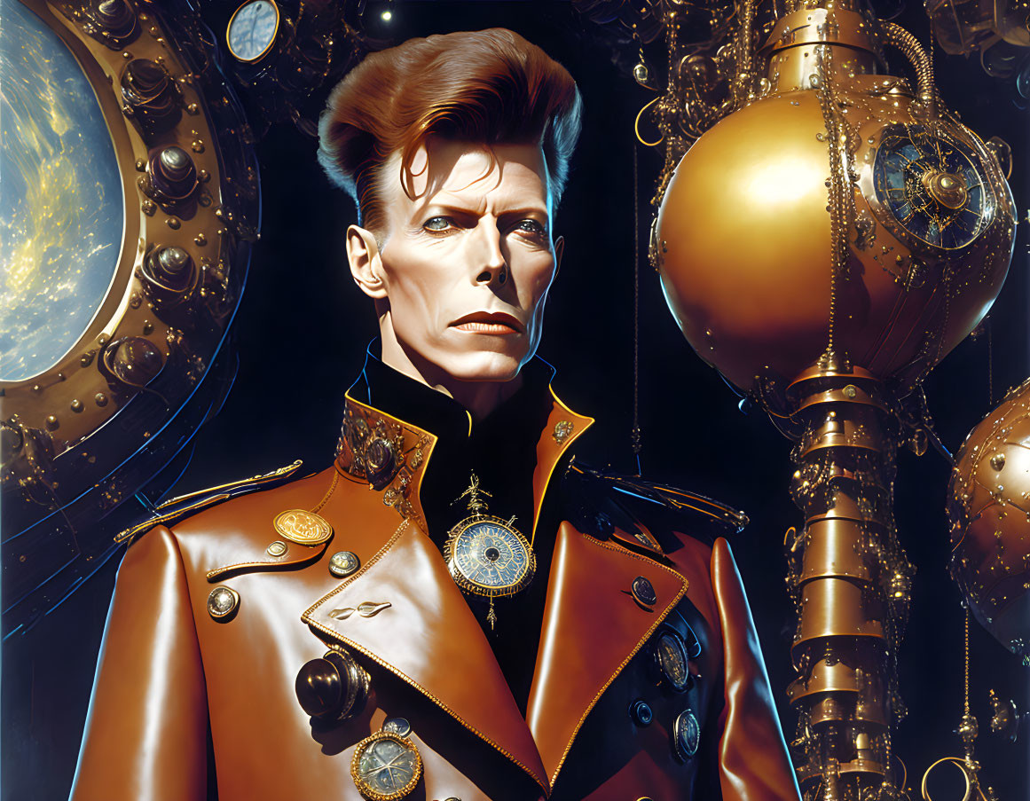 Portrait of a person with red hair in ornate military coat and celestial backdrop