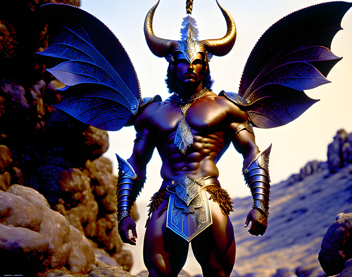 Muscular winged fantasy character in elaborate armor against rocky background