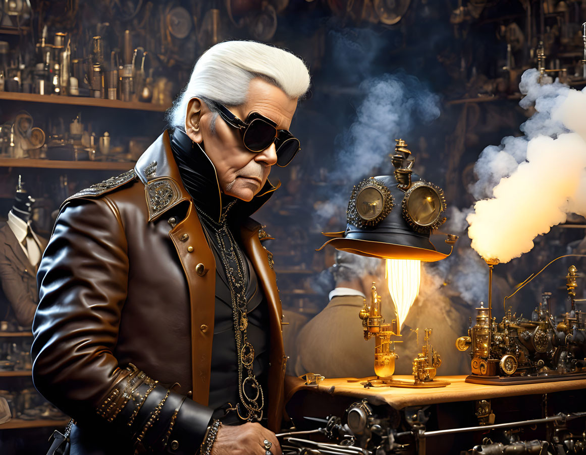 Fashionable man in leather jacket and sunglasses with steampunk gadgets and floating steam machine.