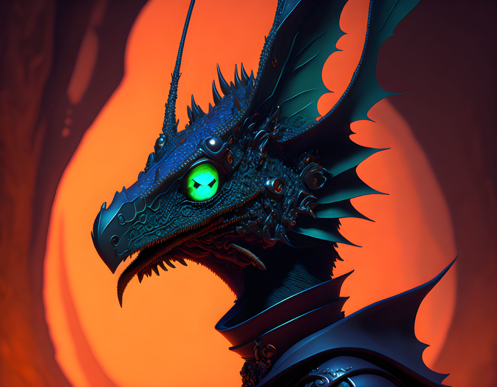 Detailed Dragon Illustration with Glowing Green Eyes and Sharp Horns