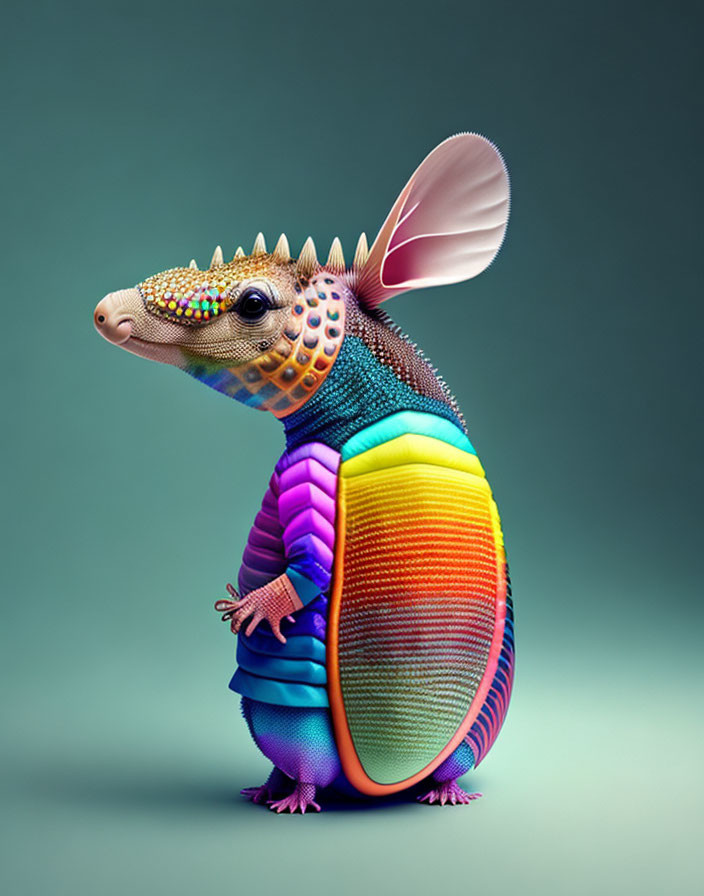 Colorful armadillo illustration with rainbow shell and bejeweled head on teal backdrop