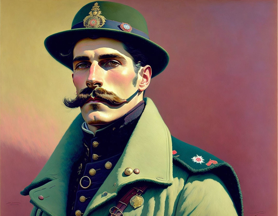 Man in Green Military Uniform with Peaked Cap and Handlebar Mustache