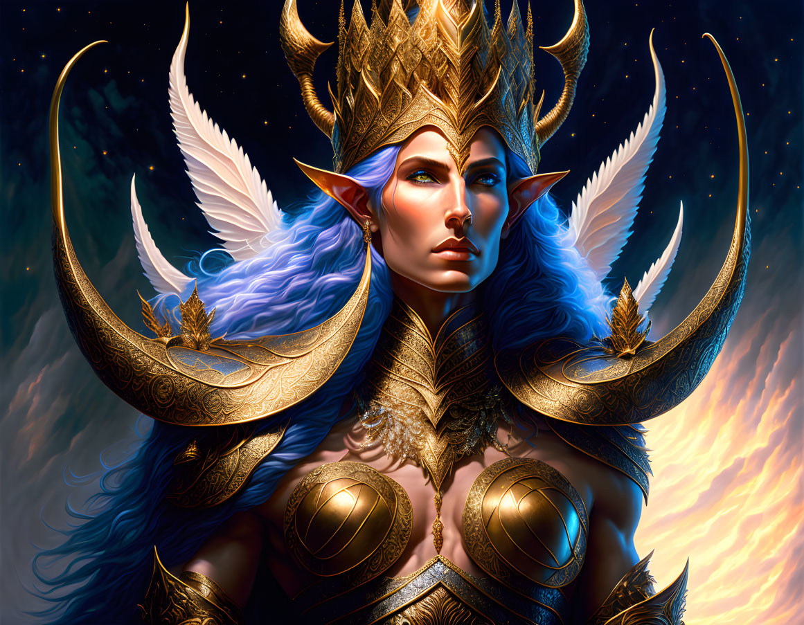 Blue-skinned fantasy figure in golden armor against cosmic backdrop