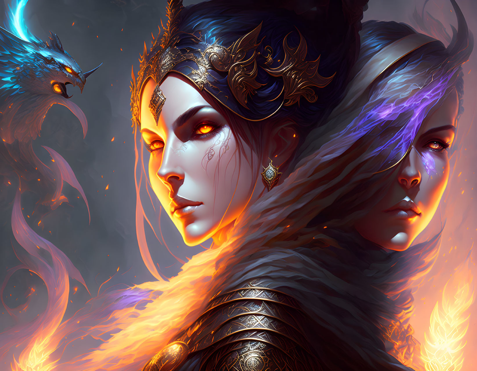 Fantasy women with ornate headpieces, one in flames, the other in frosty aura