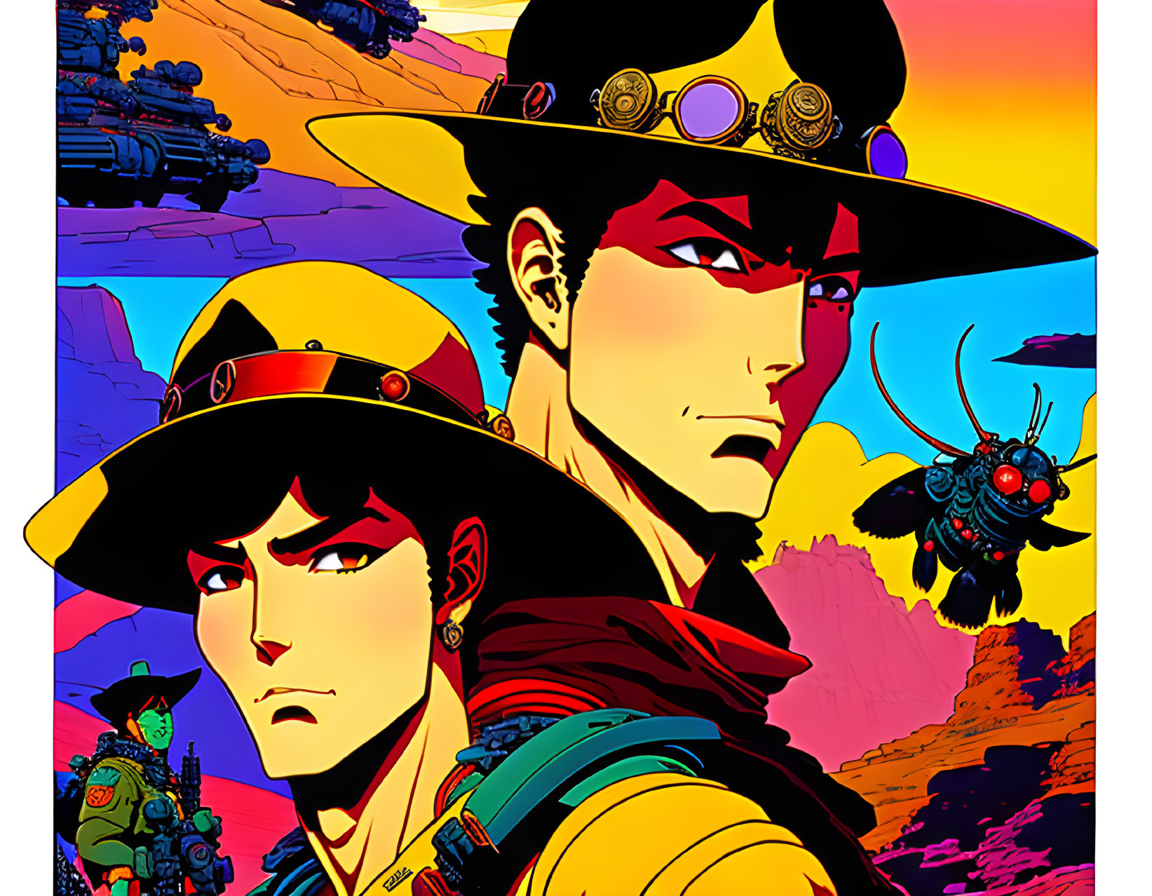 Stylized anime characters in cowboy attire on colorful, mechanical backdrop