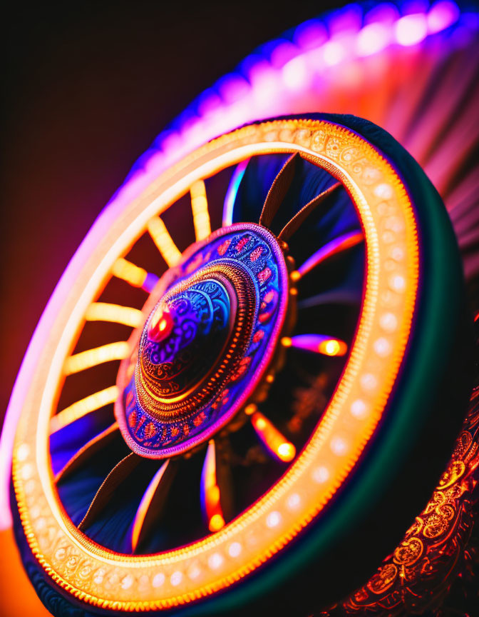 Colorful photograph of intricate blue and gold patterns on decorative item against warm bokeh background